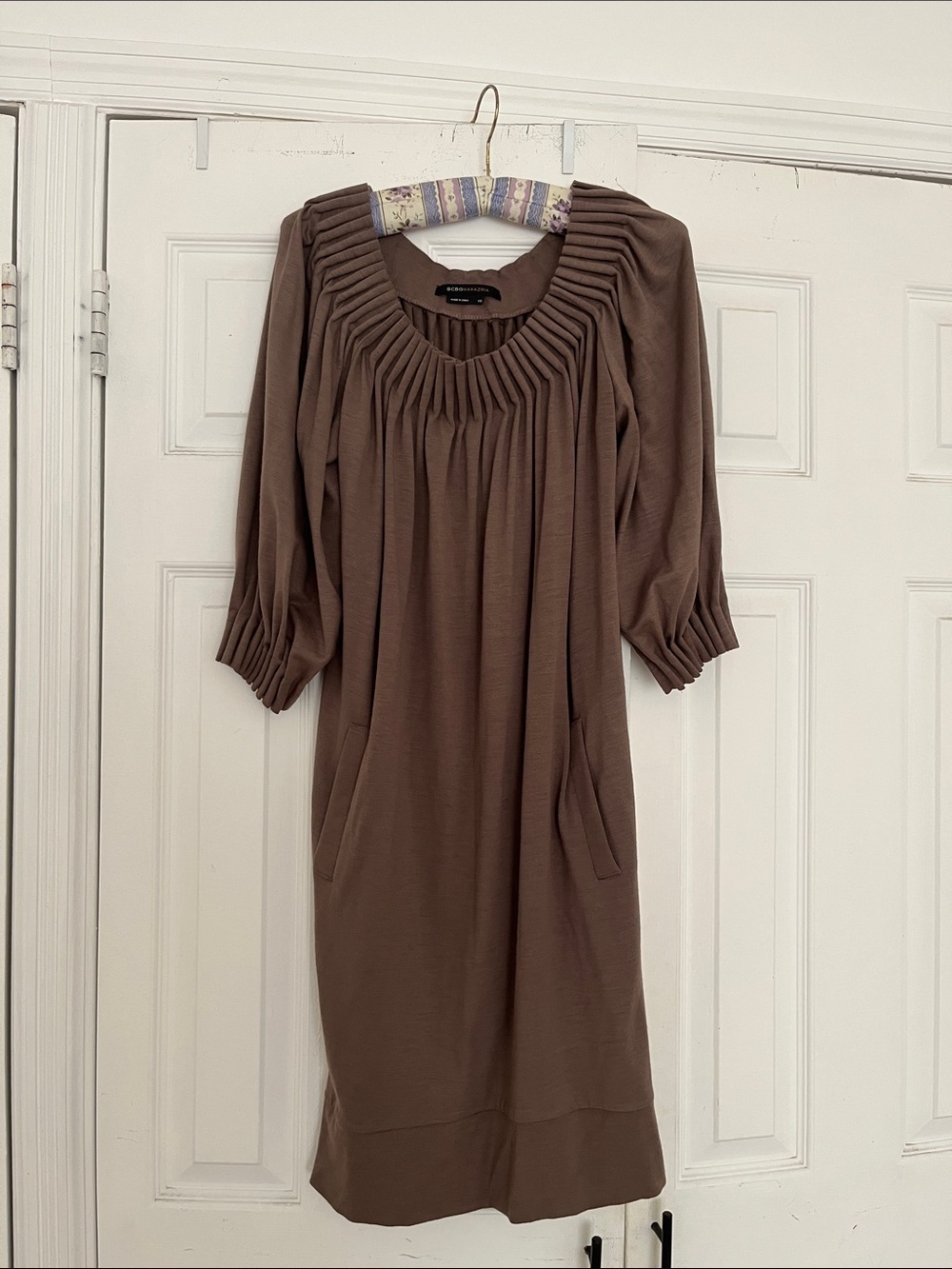BCBG Maxazria Pleated Neck Taupe Midi Dress